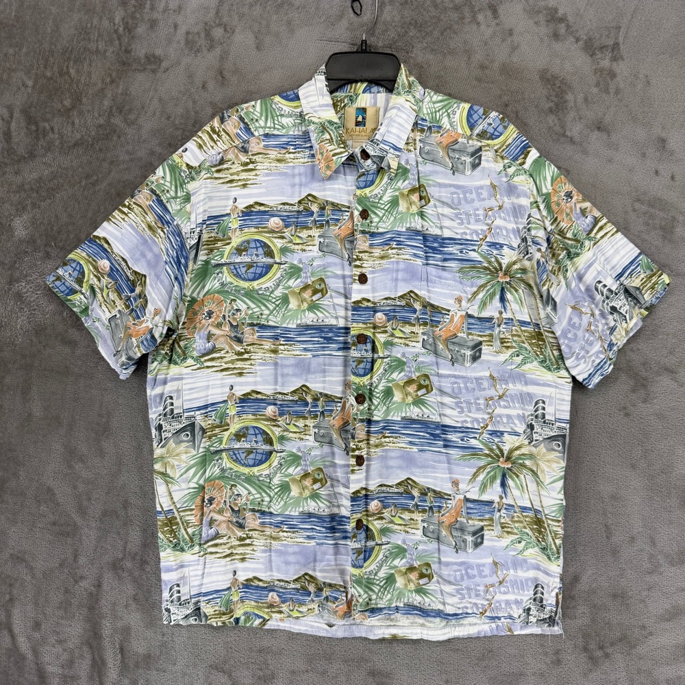 Kahala Shirt Men L Oceanic Steamship Blue Graphic Button-Down EUC